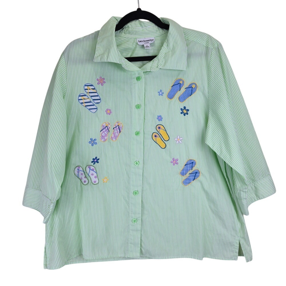 Breckenridge Woman Short Sleeve Button Shirt 1X Cottagecore Stripes Embroidered
